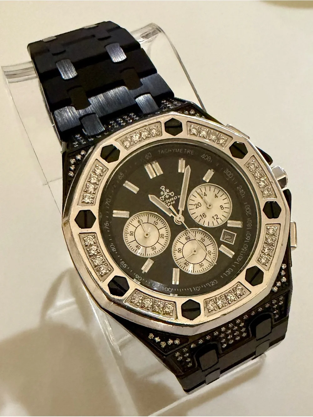 Men’s Black and Silver Techno JPM 2.5ct Genuine Diamond Bezel Watch